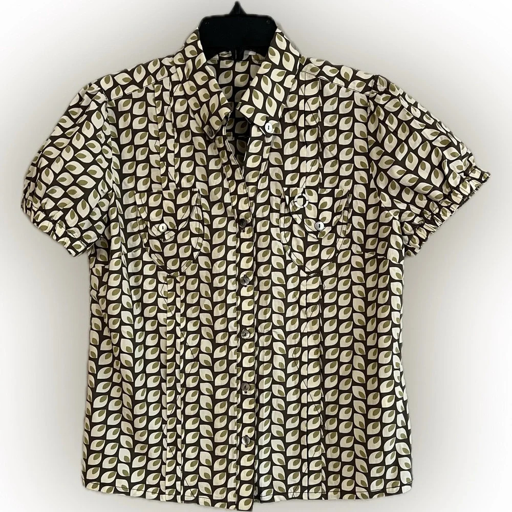 SNS Retro Graphic 100% Cotton Button-Down Top, Puff Short Sleeves, Size …